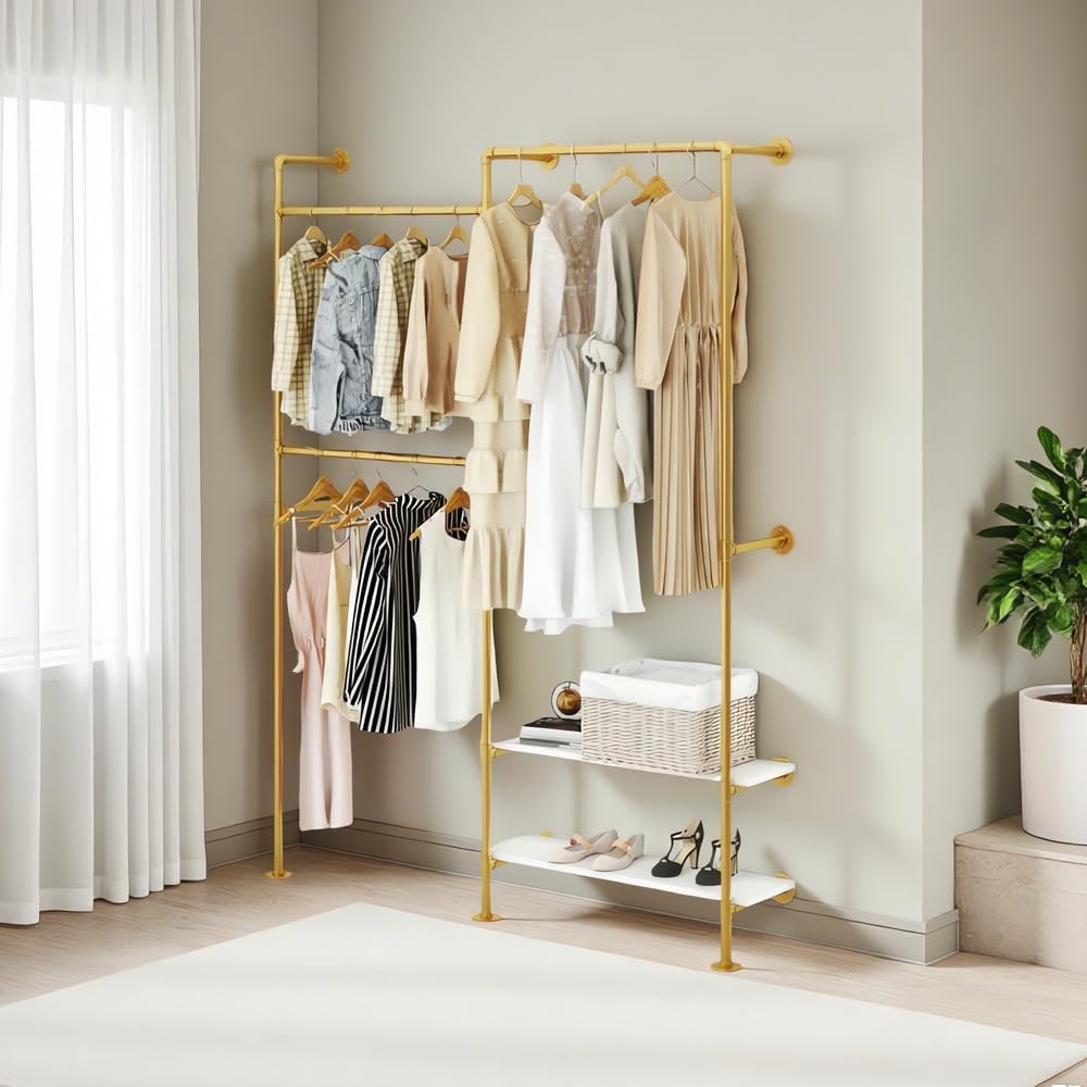 KaKaBB Gold Pipe Clothing Rack, Double Hanging Rods Clothes Rack with Shelves, Heavy Duty Wall Mounted Clothes Rack for Wardrobe, Bedroom, and Walk-in Closet System(Gold)