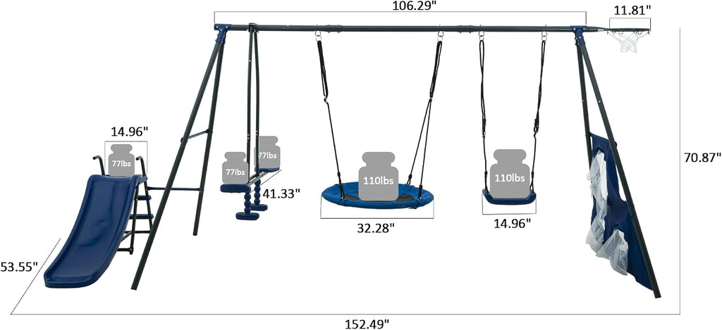 6‑Function Outdoor Swing Set with Net Saucer, Mini Slide, Face‑to‑Face Swings, Basketball Hoop & Soccer Net, Heavy‑Duty Steel Playground Playset (440 lbs) in Grey & Blue for Boys and Girls Ages 3+
