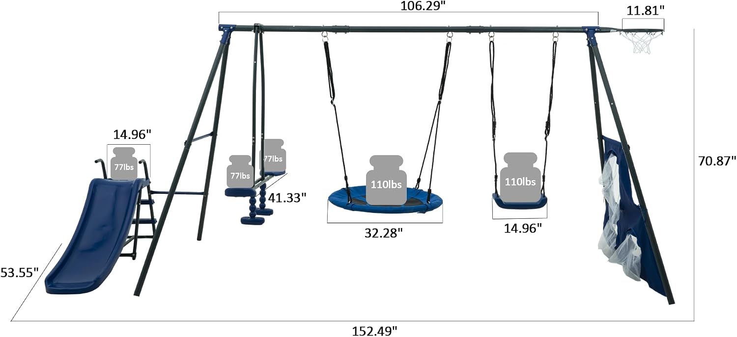 6‑Function Outdoor Swing Set with Net Saucer, Mini Slide, Face‑to‑Face Swings, Basketball Hoop & Soccer Net, Heavy‑Duty Steel Playground Playset (440 lbs) in Grey & Blue for Boys and Girls Ages 3+