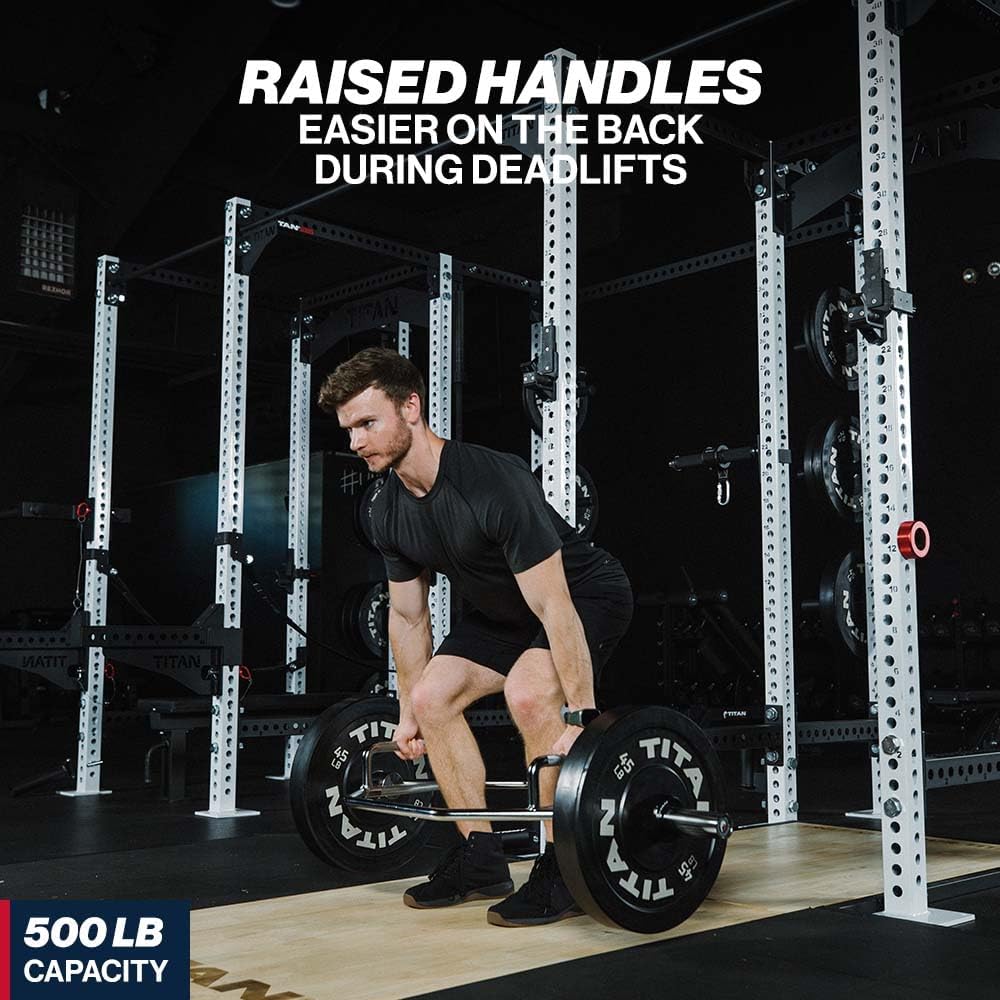 Titan Fitness Hex Trap Bar, Olympic Weightlifting Barbell, Rated 500 LB, Knurled Grips, Reduces Wrist, Back & Shoulder Strain During Deadlifts, Shrugs, Pulls, Bent Over Rows, Squat Jumps