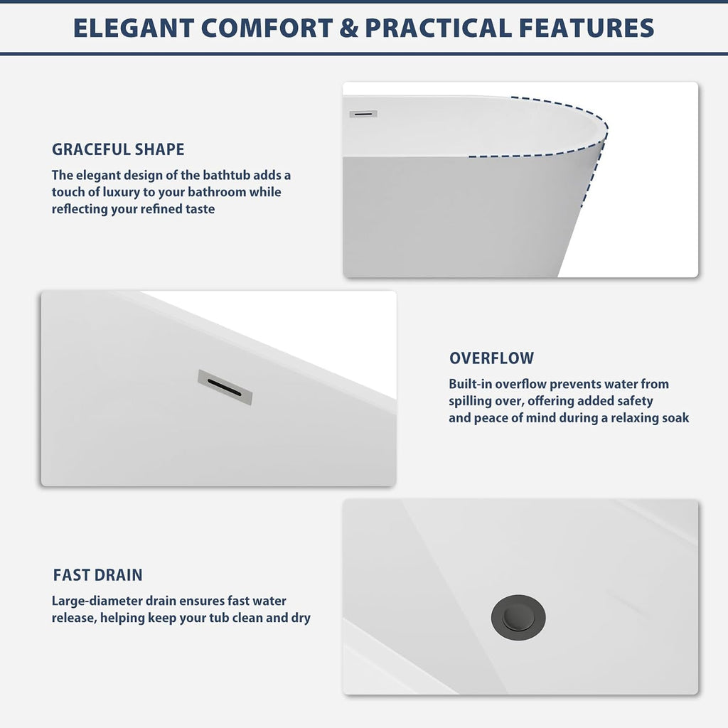 Lordear Freestanding Tub Soaking 67 Inch High Back Acrylic Stand Alone Bath Tub for Bathroom with Overflow and Drain #LTUB7109-67-B