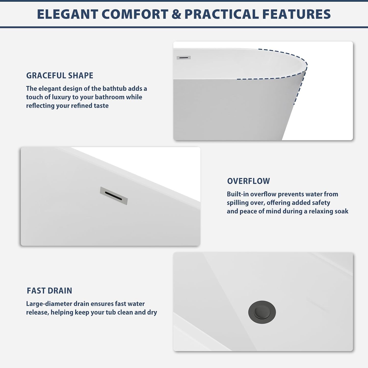 Lordear Freestanding Tub Soaking 67 Inch High Back Acrylic Stand Alone Bath Tub for Bathroom with Overflow and Drain #LTUB7109-67-B