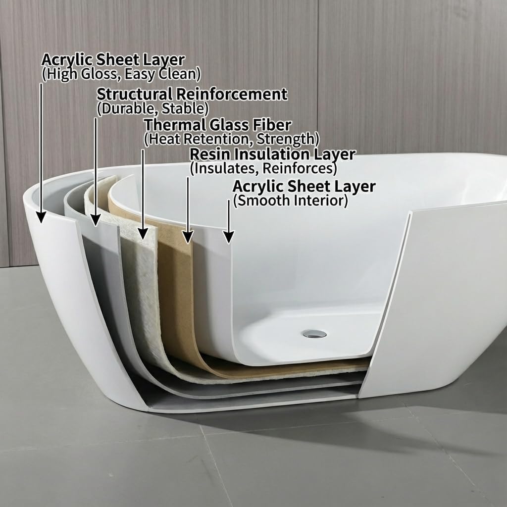 67' Freestanding Acrylic Bathtub, Deep Soaking Tub with Non-Slip Base & Chrome Drain, cUPC Certified, Easy Install, Space-Saving Bathtub, Modern Tub for Bathrooms, White Pearl