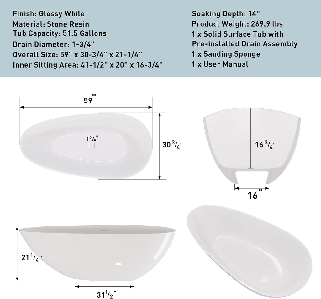 Kaimei 59-Inch Oval Stone Resin Freestanding Bathtub | Deep Soaking Tub with Overflow & Pop-up Drain | Glossy White Spa Tub for Bathroom Relaxation