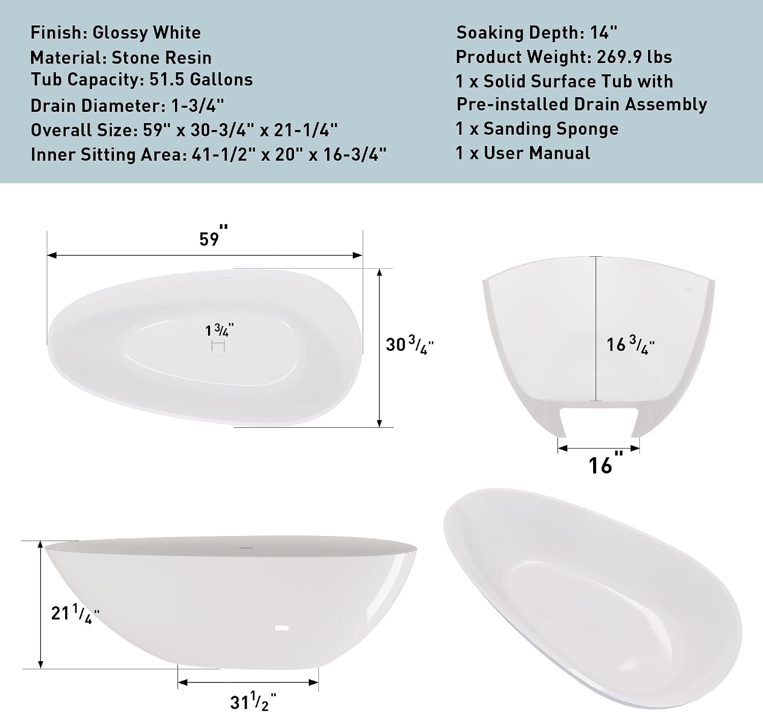 Kaimei 59-Inch Oval Stone Resin Freestanding Bathtub | Deep Soaking Tub with Overflow & Pop-up Drain | Glossy White Spa Tub for Bathroom Relaxation