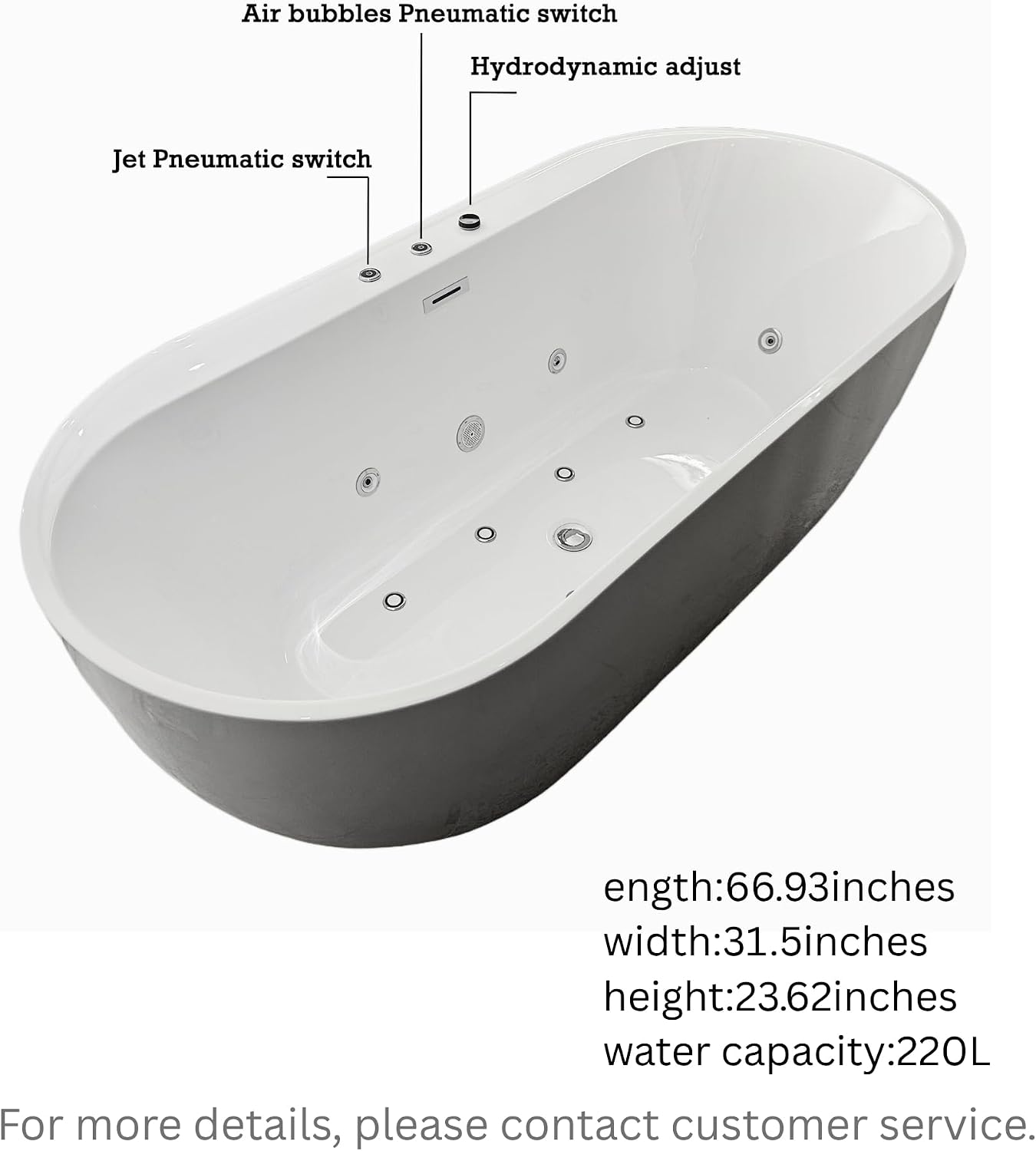 KEIKI 67' Whirlpool and Air Bath Soaking Tub, Freestanding Acrylic Spa Bathtub with 6 Body Jets & 8 Air Bubble Jets, Adjustable Speed Air Blower & Air Control Switch, Milk White