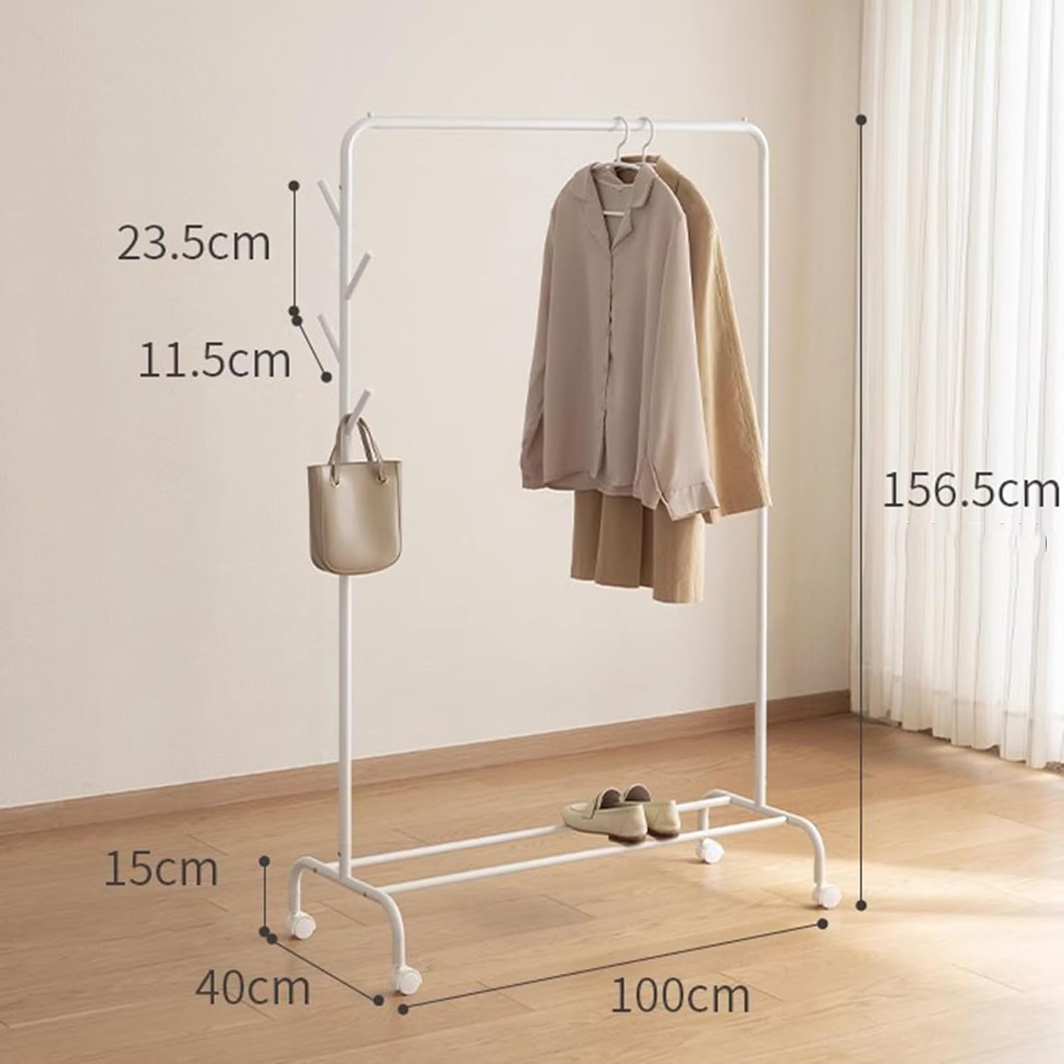 Garment Rack Heavy Duty Clothing Rack with Wheels, White Metal Clothes Rack with Hanging Rod and 4 Hooks, Retail Display Rack for Hanging Clothes, Portable Clothes Organizer for Bedroom