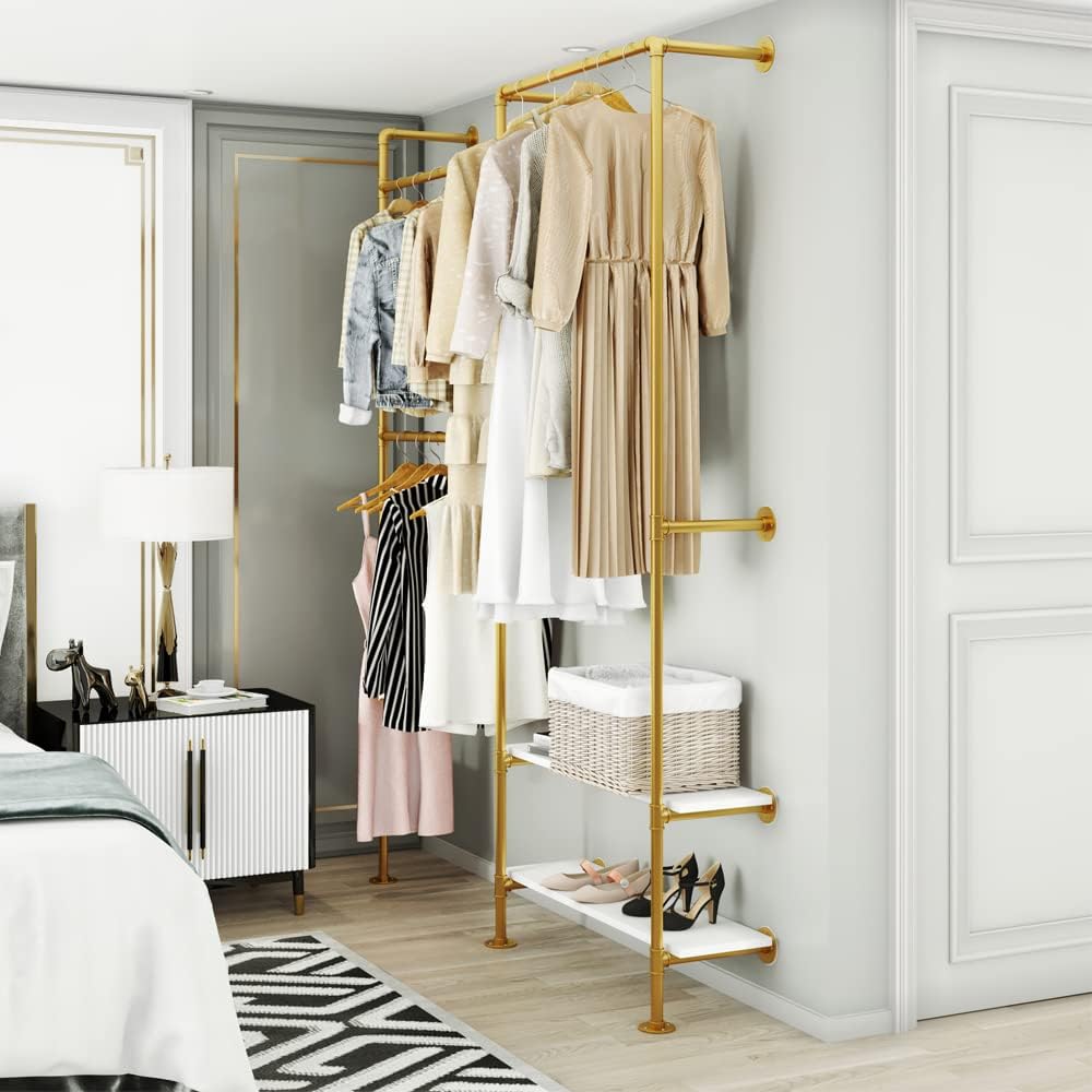 KaKaBB Gold Pipe Clothing Rack, Double Hanging Rods Clothes Rack with Shelves, Heavy Duty Wall Mounted Clothes Rack for Wardrobe, Bedroom, and Walk-in Closet System(Gold)