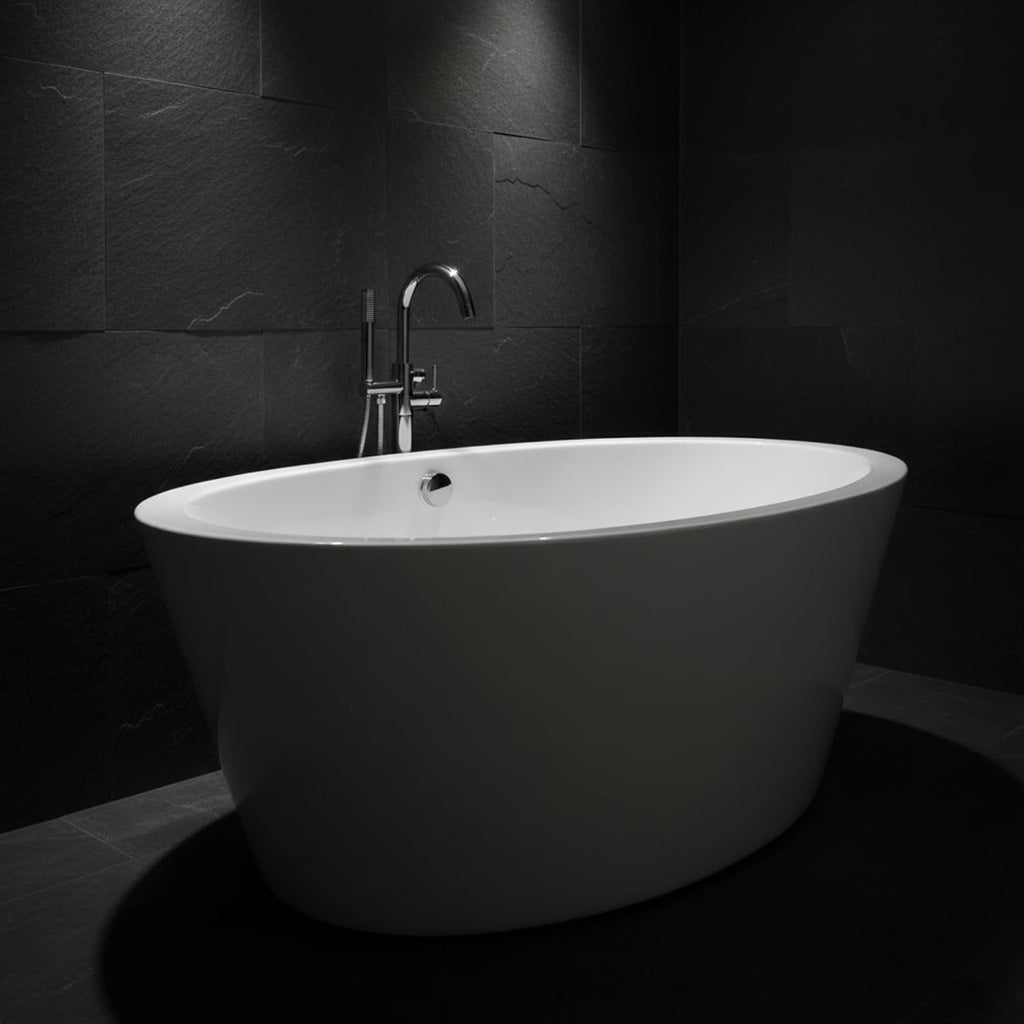 Udine 67' Freestanding Acrylic Bathtub with Chrome Drain, Glossy White Seamless Soaking Tub, Fiberglass Reinforced with Leveling Legs, 81 Gal Capacity