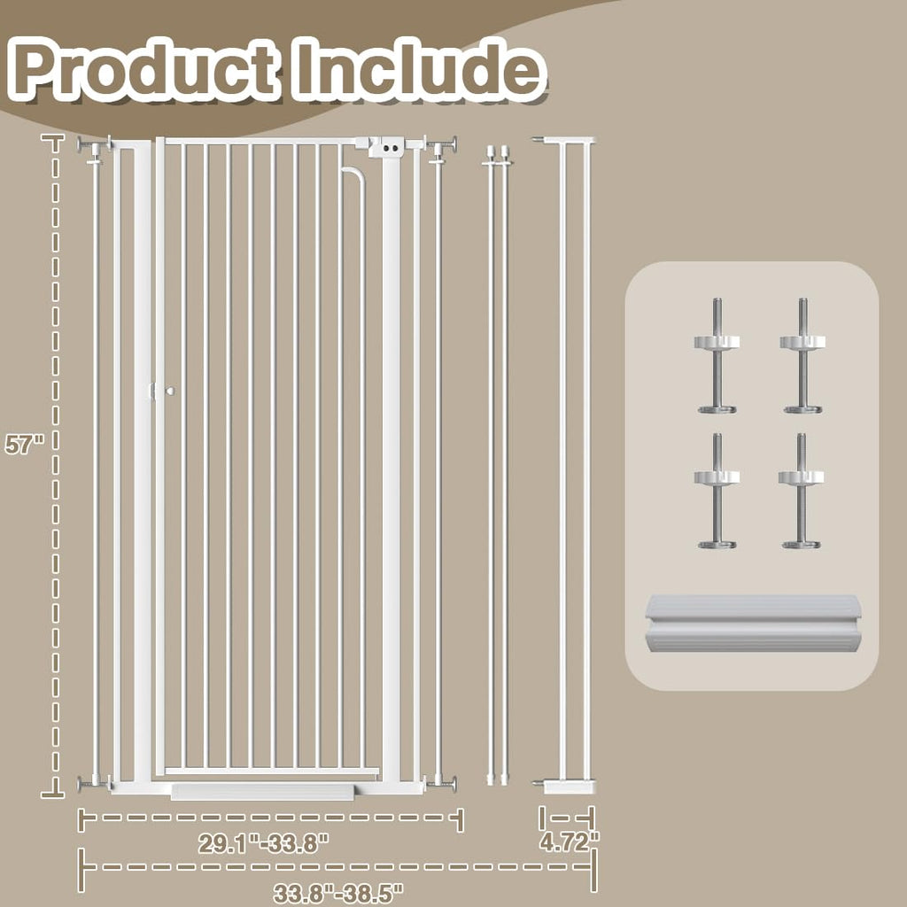 57' Extra Tall Cat Gate for Doorways, 29.5'-38.5' Tall Pet Gates for Cats Walk Through, Auto Close High Baby Gates with Door, Child Safety Gate Indoor Stairs, Cat Proof Gate for Dogs, White