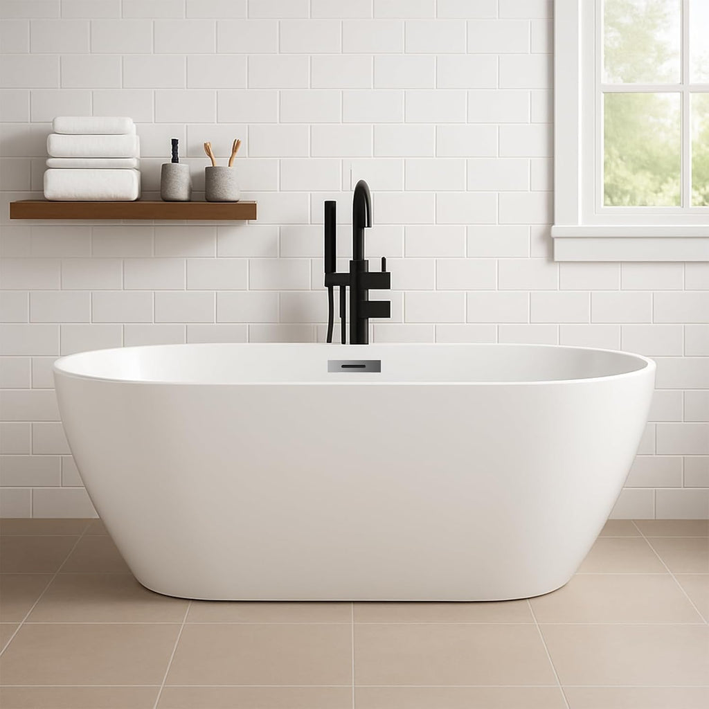 59' Acrylic Freestanding Soaking Bathtub, Free Standing Tub, Stylish Stand Alone Contemporary Soaking Tub with Integrated Overflow and Drain In Chrome, cUPC Certified