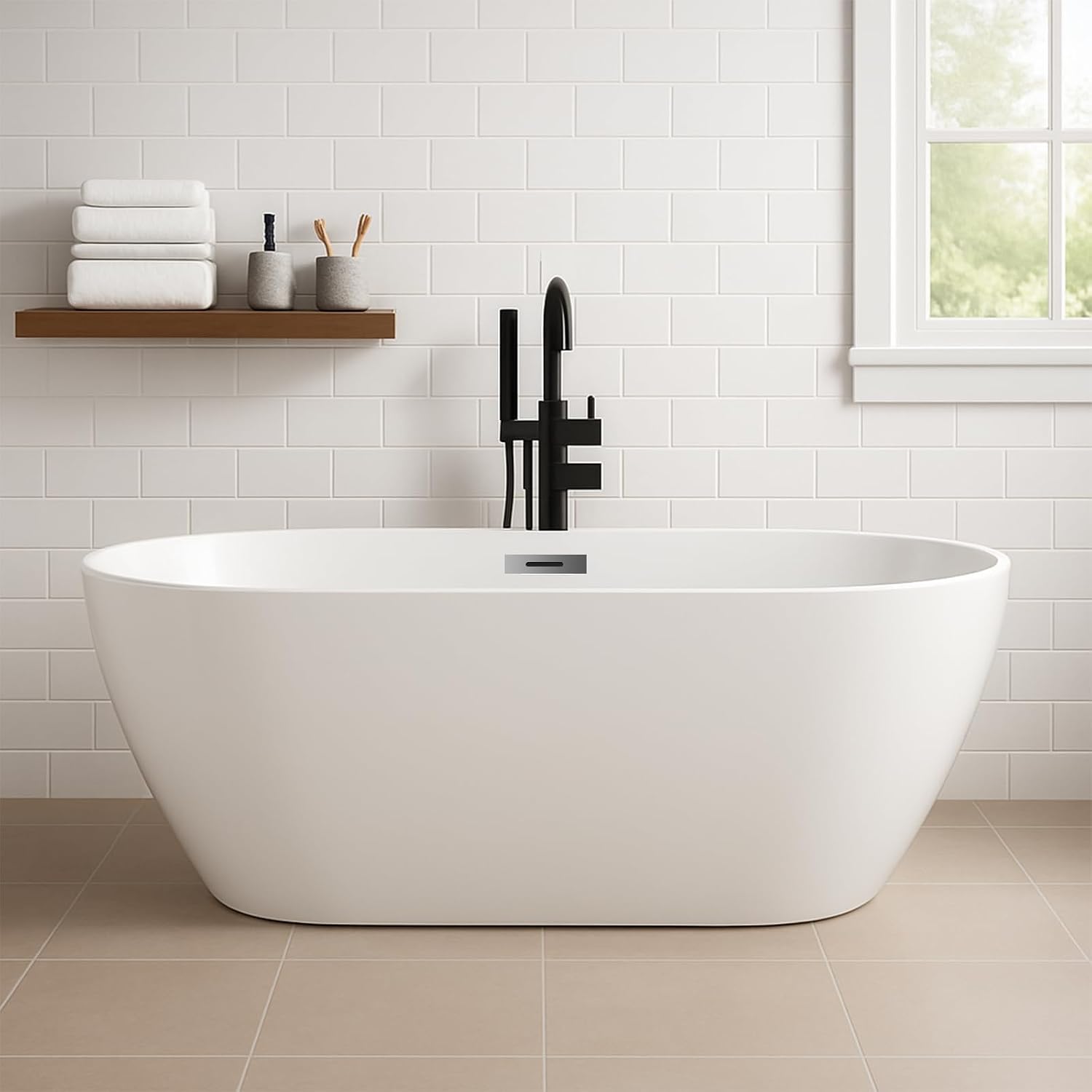 59' Acrylic Freestanding Soaking Bathtub, Free Standing Tub, Stylish Stand Alone Contemporary Soaking Tub with Integrated Overflow and Drain In Chrome, cUPC Certified