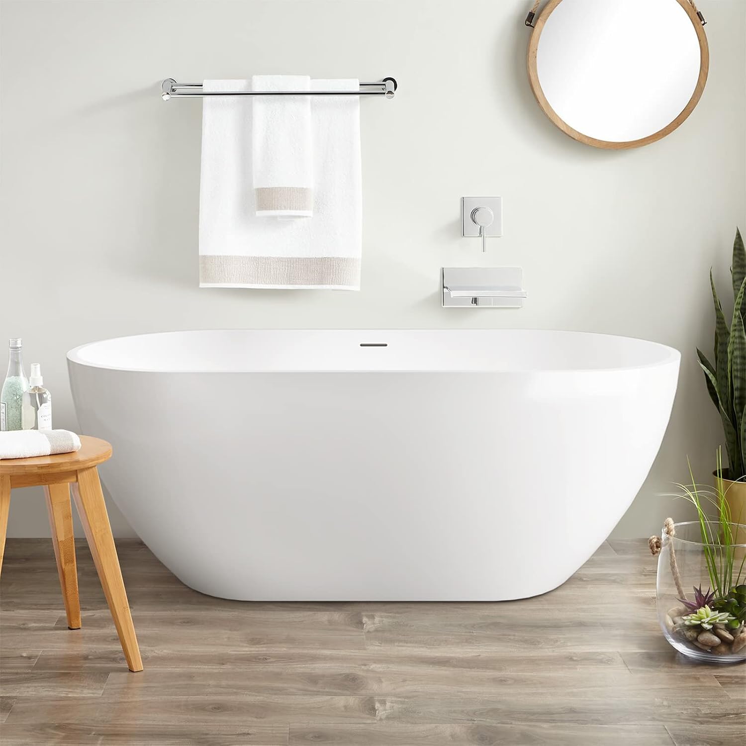 59' Acrylic Freestanding Bathtub, Double Ended Free Standing Tub, Soaking Tub with Integrated Slotted Overflow, Toe-Tap Chrome Drain, cUPC Certified, Glossy White