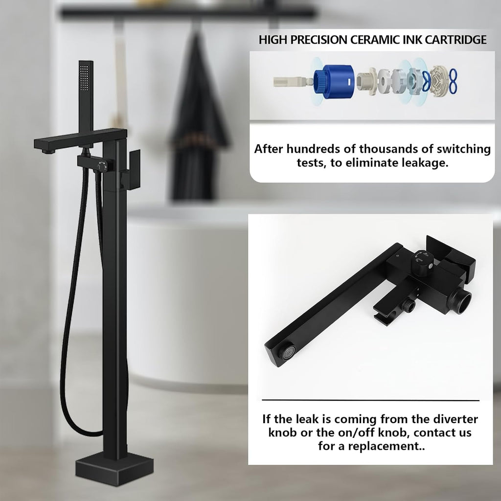 Dollate Matte Black Bathtub Filler Freestanding Tub Filler Floor Mount Tub Faucet, Waterfall floor standing bathtub filler faucet with hand sprayer and swivel tub sprayer
