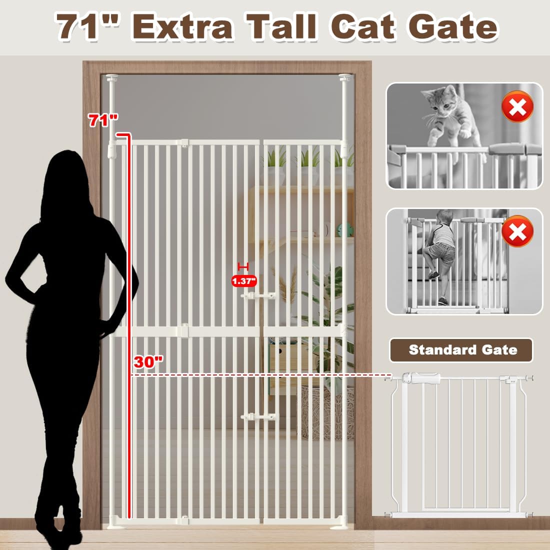 71' Extra Tall Cat Gate for Doorway 33.5'-47.2' Wide Pet Gate Pressure Mounted Walk Through Swing Auto Close Safety Dog Gates for Indoor, Stairs,Hallway