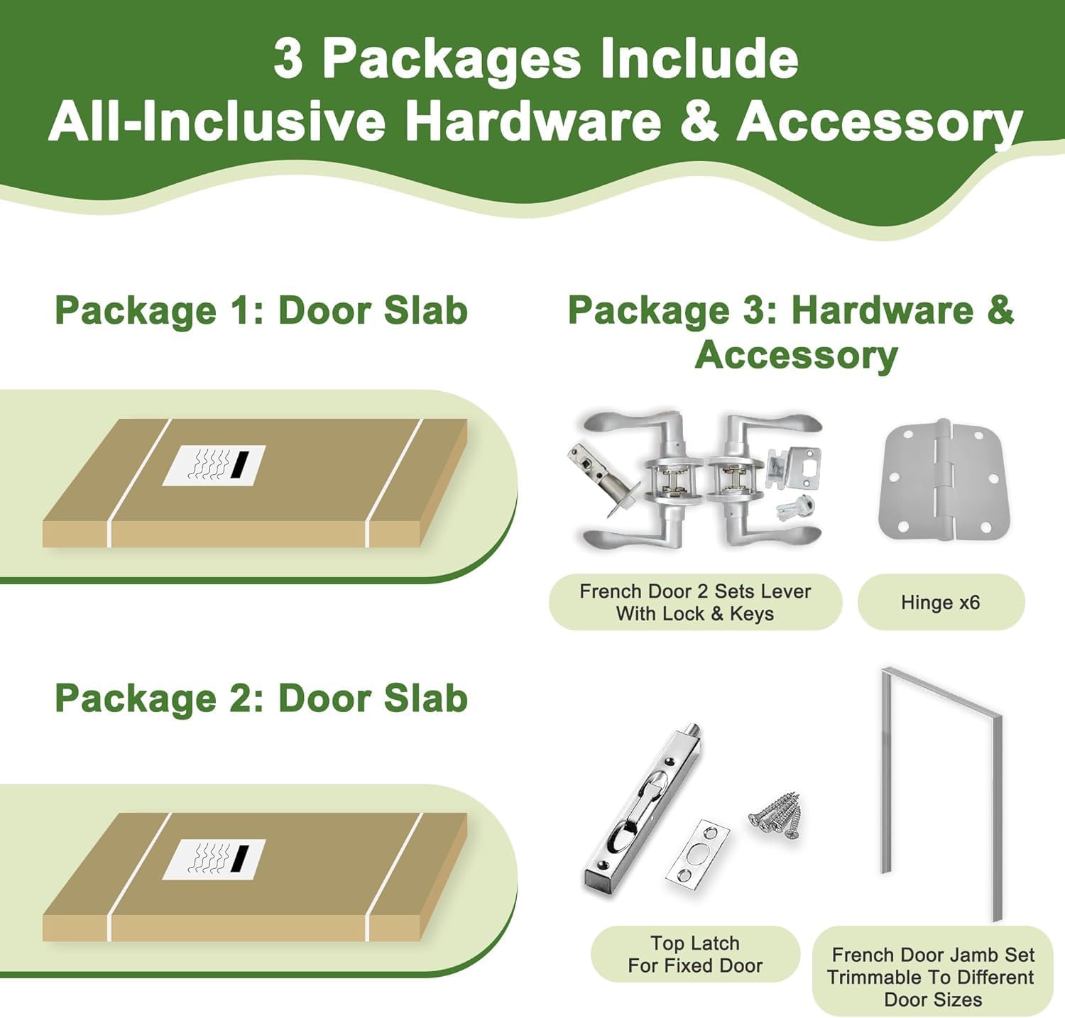36' x 80' French Doors Interior (Double 18' x 80' Glass Frosted Glass Door with Silver Hinge Prehung Jamb Kit), Pre-Finished & Paintable, Prebuilt Home Door Panels & Assembly Required Jamb