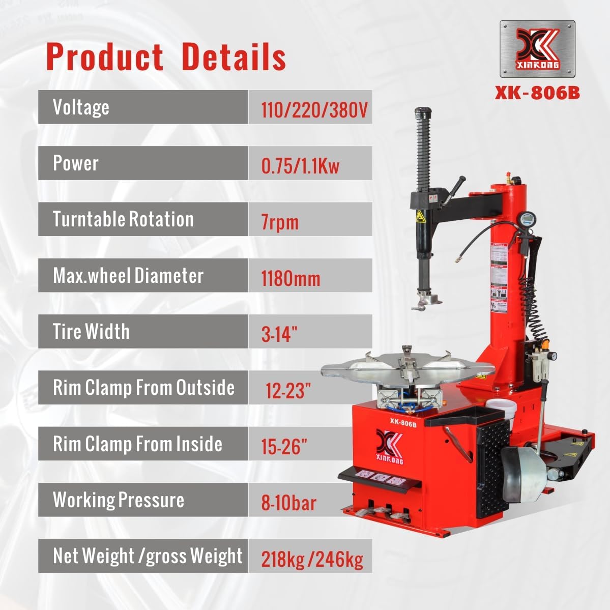 XK-806B Tire Changer Machine 2.0 Horsepower Rim Clamp 12-28 Inches with 12 Month Parts Replacement