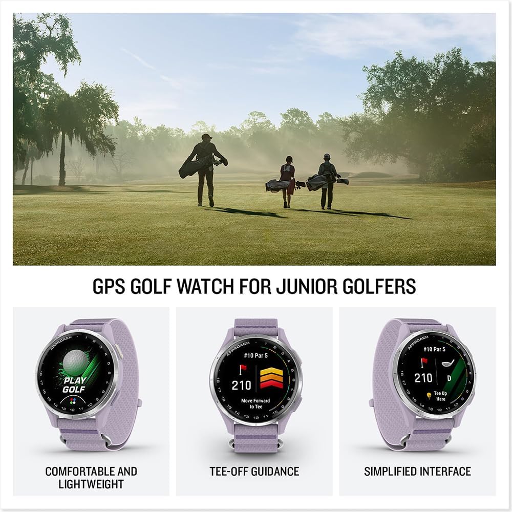 Garmin Approach J1 Silver Aluminum Bezel with Lilac ComfortFit Fabric Band 010-03898-10 Bundle with 26‑Month Protection Plan, 3X Deco Essentials Silicone Dust Cover and 2X Screen Protector
