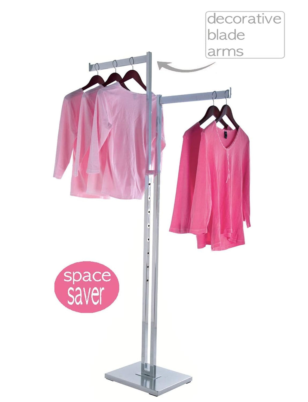 Only Garment Racks #2262 Two Way Rack with Blade Arms Only Garment Racks - Clothing Rack - Heavy Duty Chrome - 2 Way Clothes Rack, Adjustable Height Decorative Blade Arms, Perfect for Retail Clothing Store Display - (2) Rectangular Tubing Blade Arms