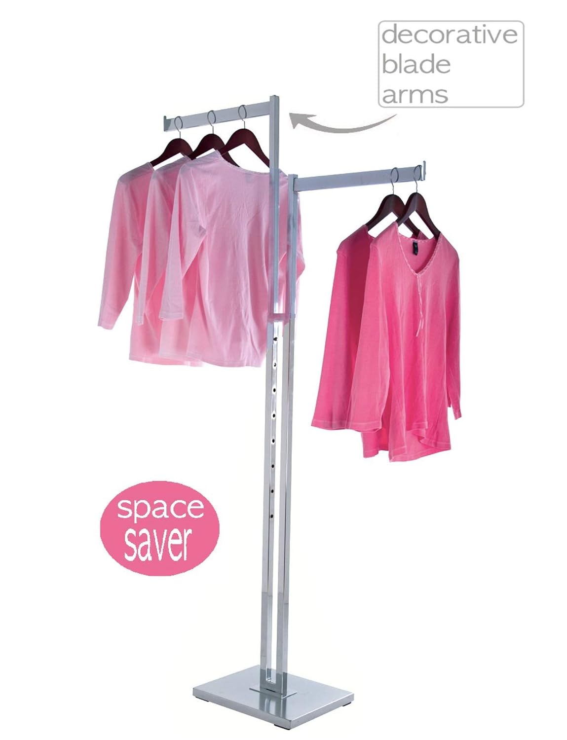 Only Garment Racks #2262 Two Way Rack with Blade Arms Only Garment Racks - Clothing Rack - Heavy Duty Chrome - 2 Way Clothes Rack, Adjustable Height Decorative Blade Arms, Perfect for Retail Clothing Store Display - (2) Rectangular Tubing Blade Arms