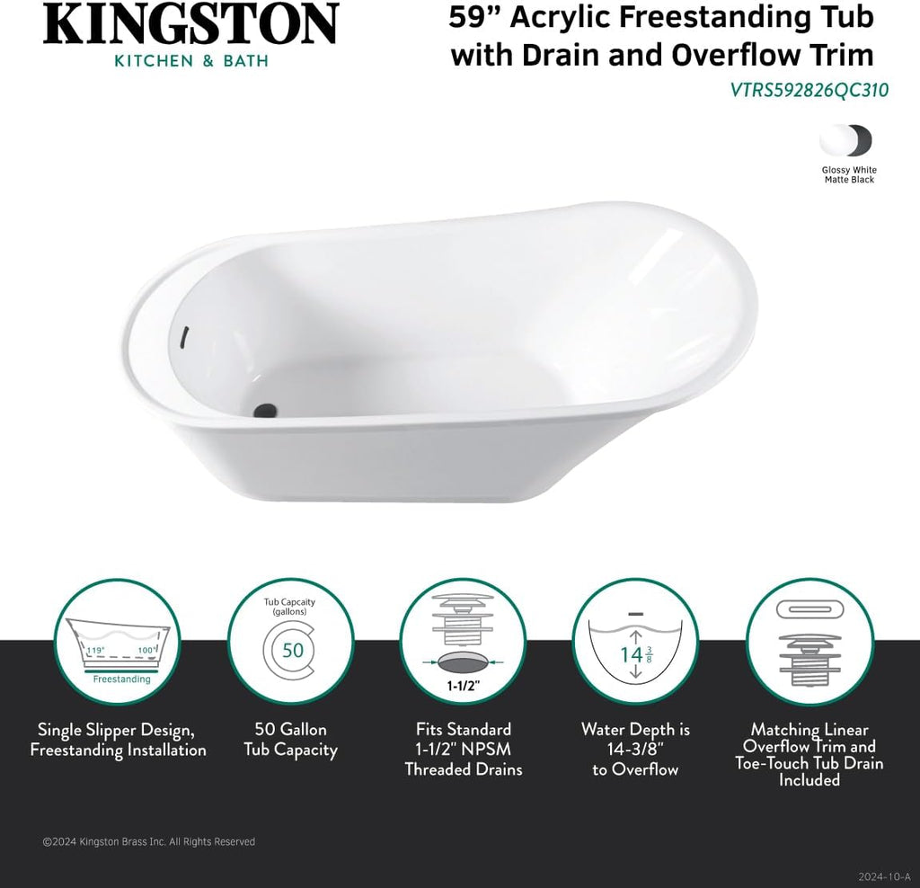 Kingston Brass VTRS592826QC310 59' Acrylic Oval Single Slipper Freestanding Tub with Drain, Glossy White/Matte Black