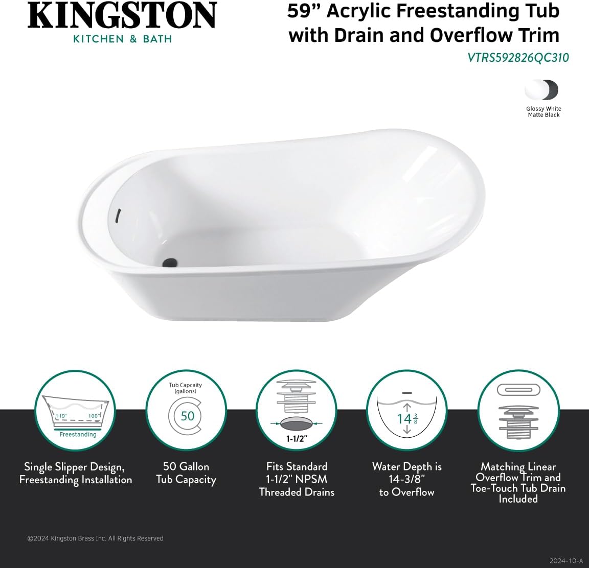 Kingston Brass VTRS592826QC310 59' Acrylic Oval Single Slipper Freestanding Tub with Drain, Glossy White/Matte Black