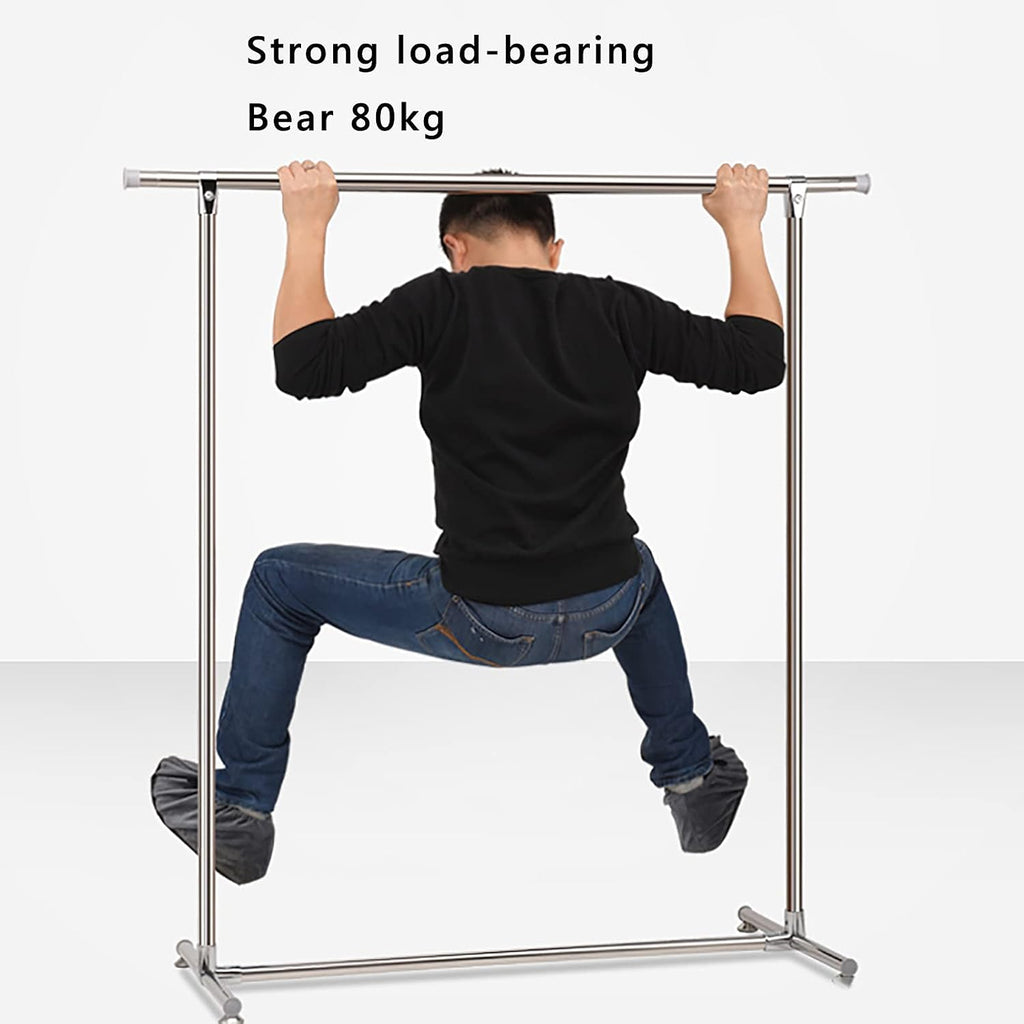 Adjustable 2-in-1 Heavy-Duty Garment Rack,with Lockable Wheels,Strength Clothes Rack for Hanging Clothes, Shoes Organizing,Stainless Steel