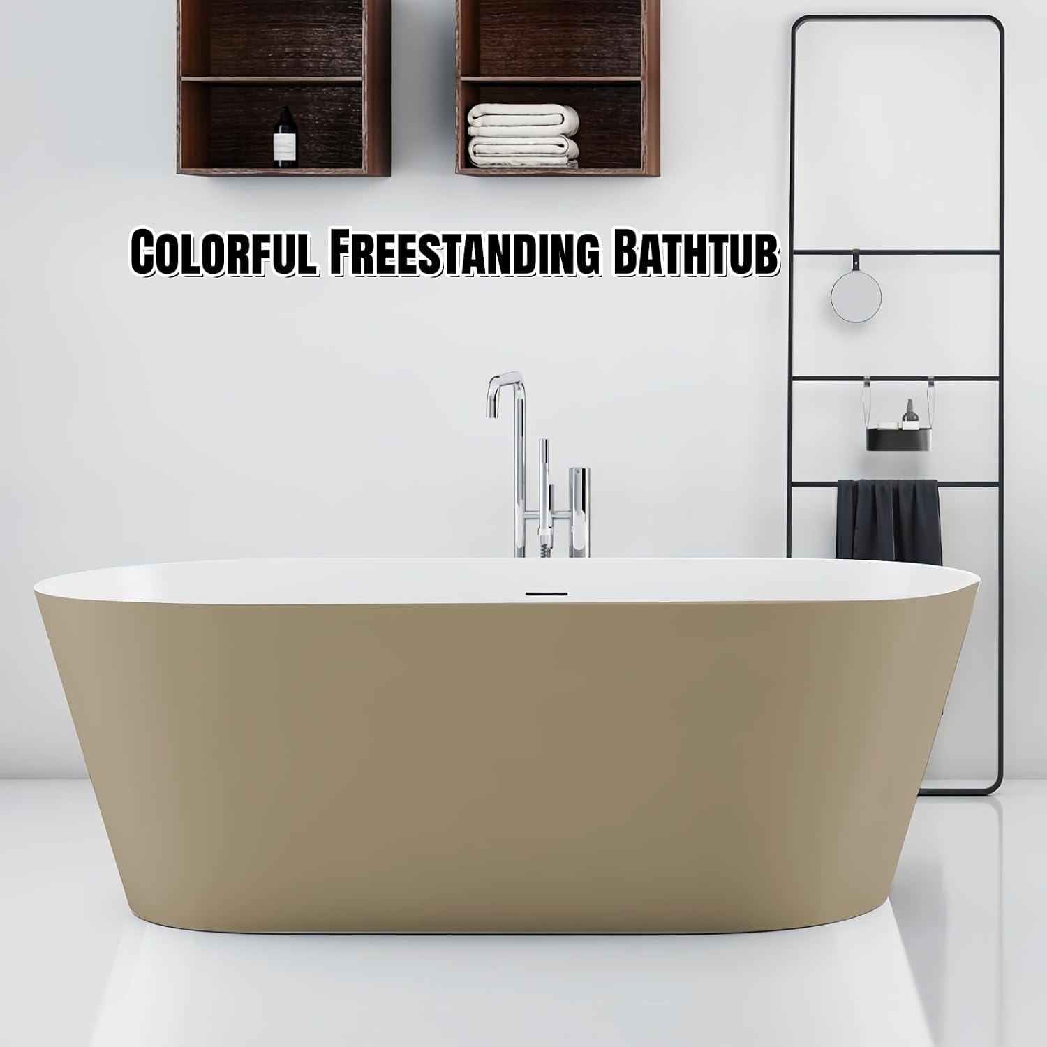 67' Edeyeu Freestanding Bathtub – Color Solid Surface Bathtub With Modern Finish, Extra Deep Soaking Tub, Luxury Stand Alone Free Standing Tub For Contemporary Bathroom Design Beige