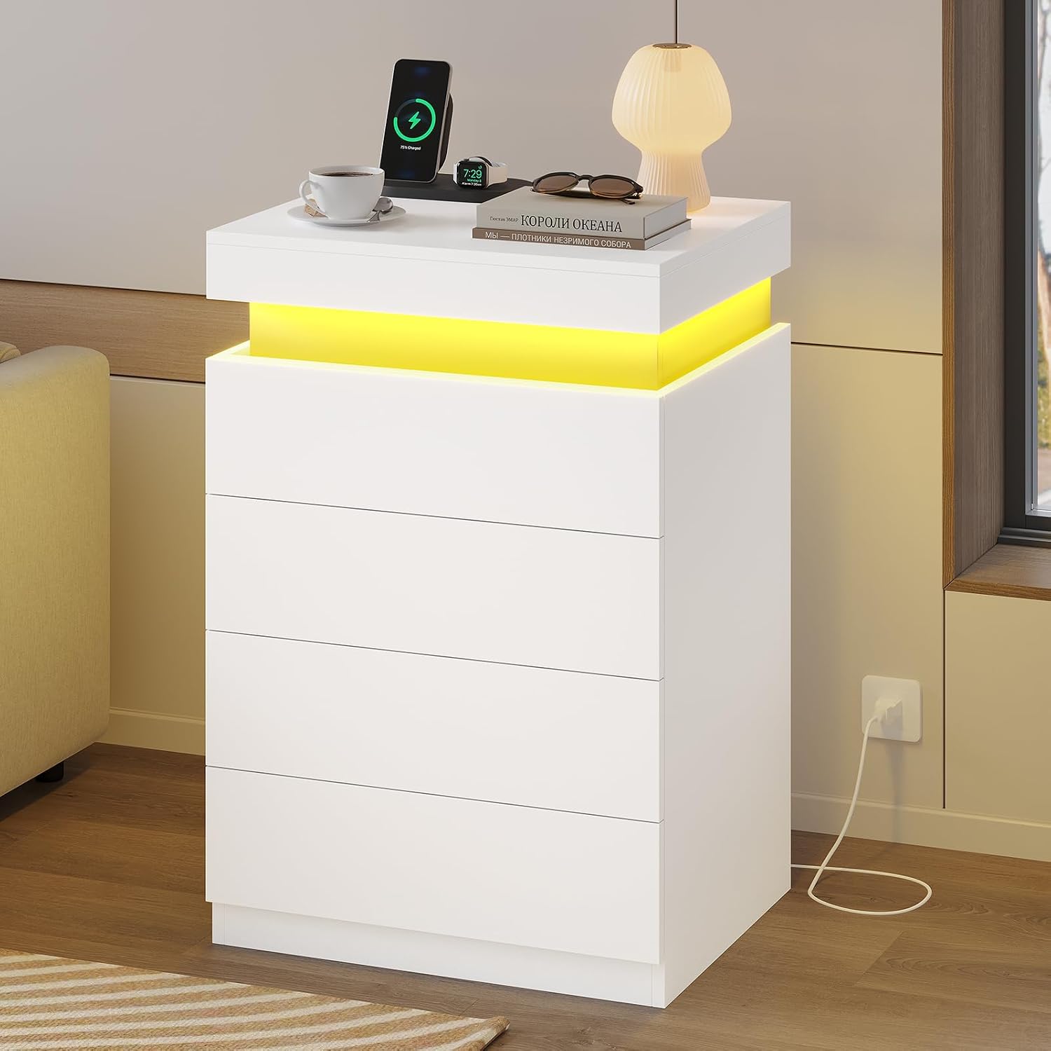 ADORNEVE White Night Stand Set of 2,Nightstand with Charging Station & LED Light & Sliding Top,Bedside Table with Drawers,Modern Bed Side Tables Bedroom