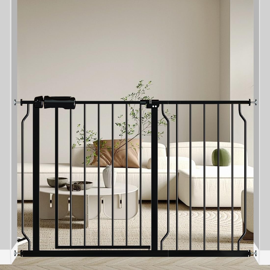 Fairy Baby Walk Through Baby Gate 43.5-48 Inch Wide for Stairs, Pressure Mounted Safety Gate with Door No Drill, Black Tension Metal Gate for Dog and Toddler