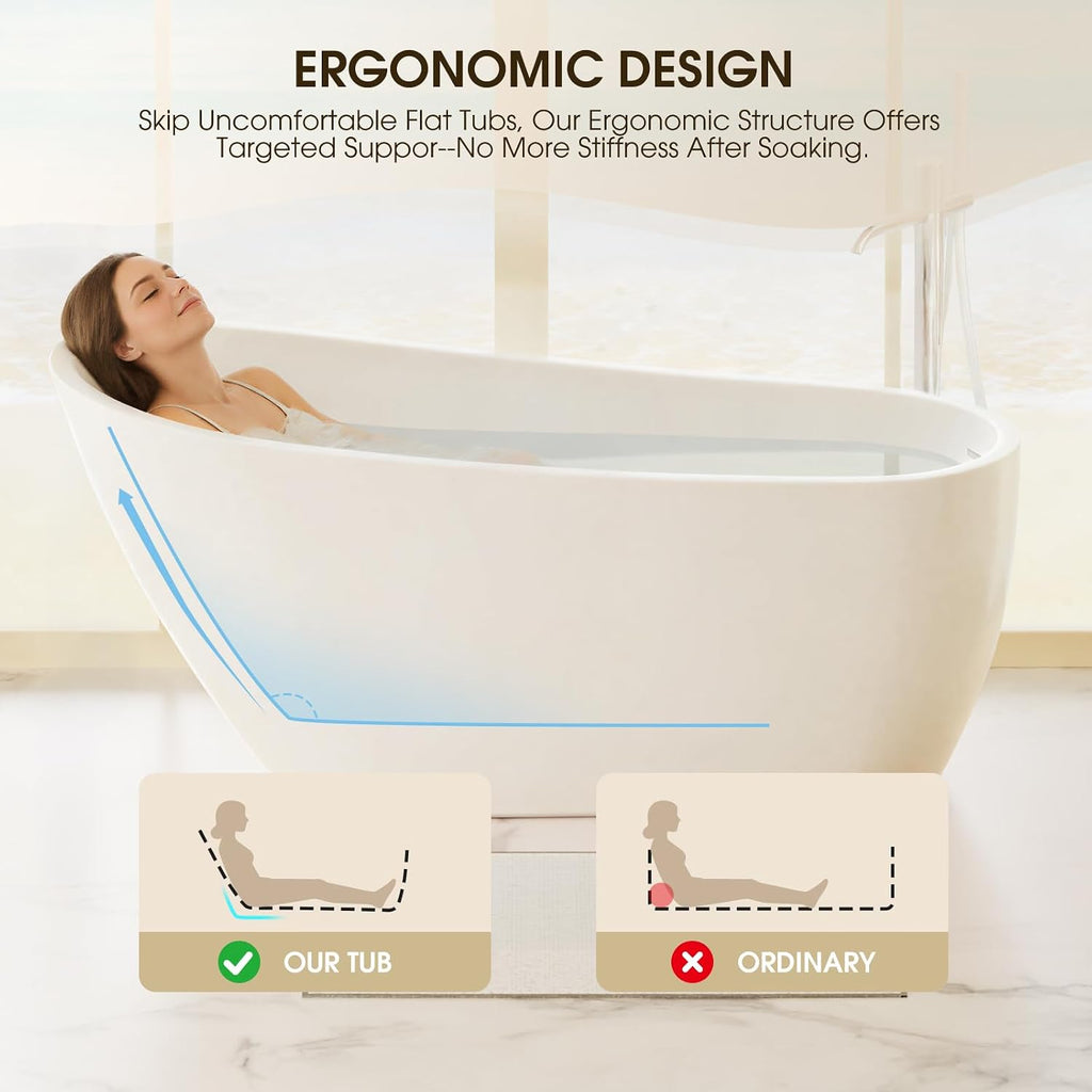 59' Acrylic Freestanding Bathtub, 15' Deep Double-Walled Insulated Soaking Tub with Ergonomic High Backrest, cUPC Certified Stand Alone Oval Bath Tub with Polished Chrome Overflow & Drain, Gloss White