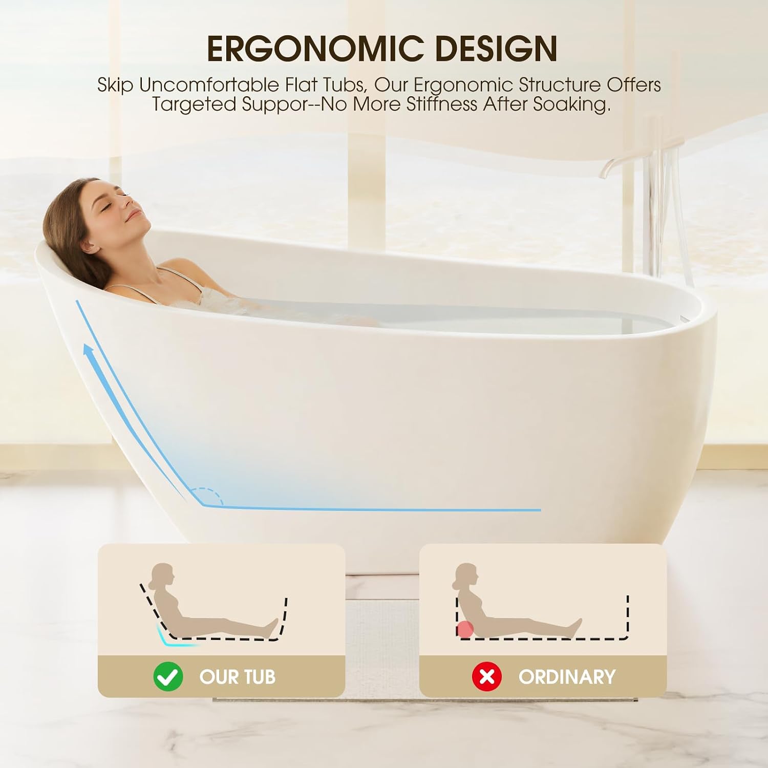 67' Acrylic Freestanding Bathtub, 15' Deep Double-Walled Insulated Soaking Tub with Ergonomic High Backrest, cUPC Certified Stand Alone Oval Bath Tub with Polished Chrome Overflow & Drain, Gloss White