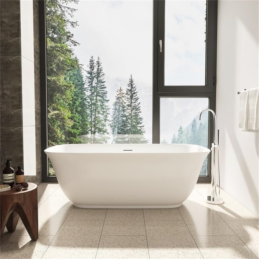 Pemberly Row 67' x 32' Flatbottom Freestanding Acrylic Soaking Bathtub, Glossy White Finish, Thin Edge Design, 66-Gallon Capacity, Scratch-Resistant, Contemporary Bathroom Tub for Immersive Bathing