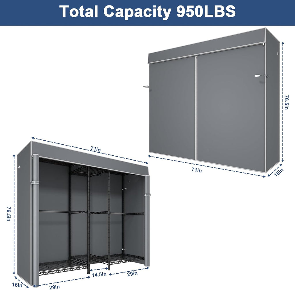 Ulif E10 (With Stretchable Hanger Rod) and E12C (With Black Dustproof Cover) Heavy Duty Closet Organizer System, Freestanding Clothing Rack for Hanging Clothes, Adjustable Garment Rack
