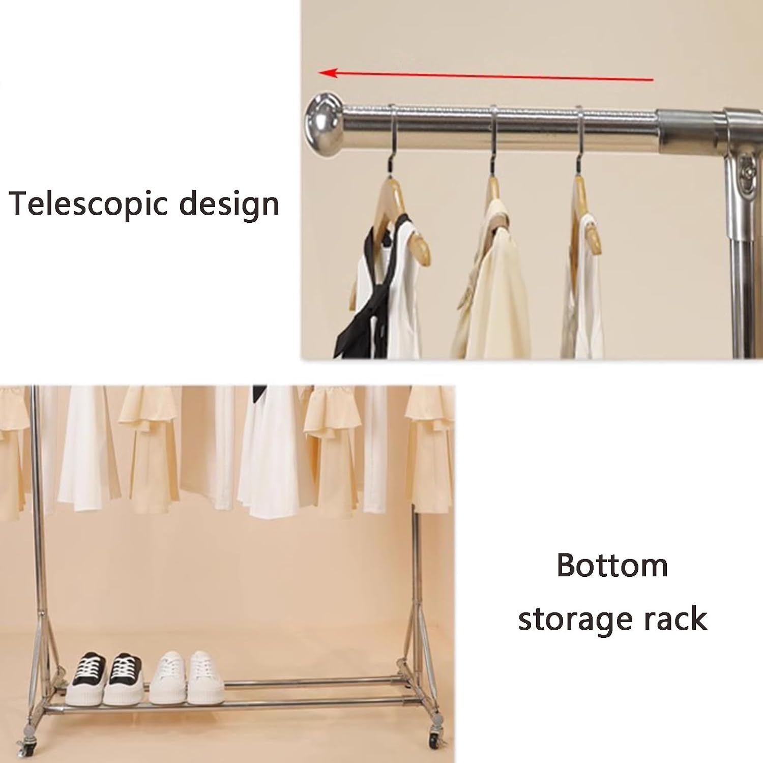 Heavy duty Garment rack 304 Stainless Steel Clothes Rail on Wheels, Extendable Hanging Rail Clothing Rack, Adjustable Height,90 kg Load Capacity, Easy Assembly,Portable Clothes Organizer, Silver