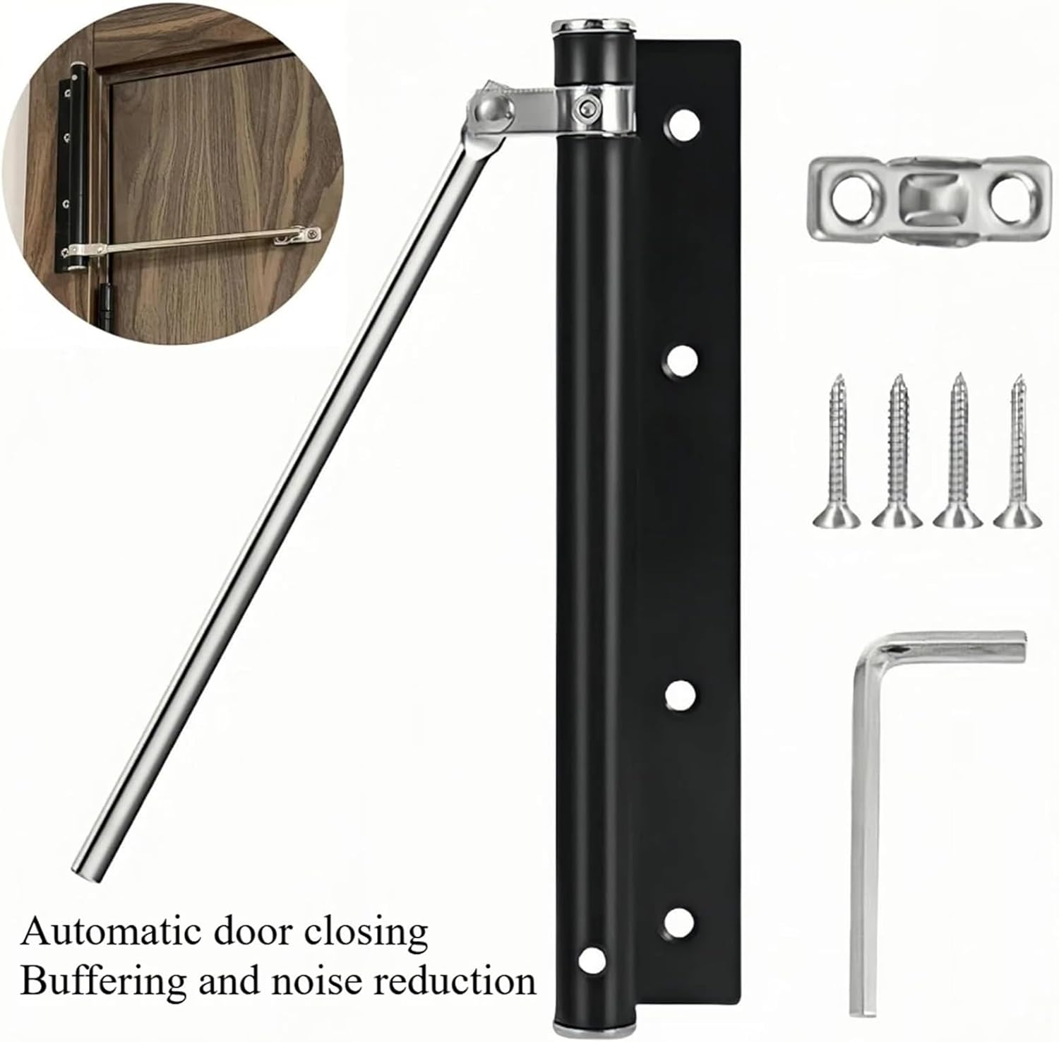 Door Closer Spring Self Closing Hinges Stainless Steel Soft Close Auto Top Latches with Arm Screw Wrench Hardware(Silver-L)