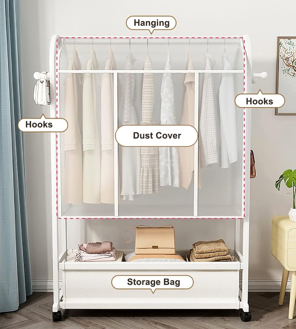 Heavy Duty Clothes Rail with Wheels and Dust Cover, Bamboo Garment Rack with Shelves, for Bedroom Home (White 50x32x165cm)