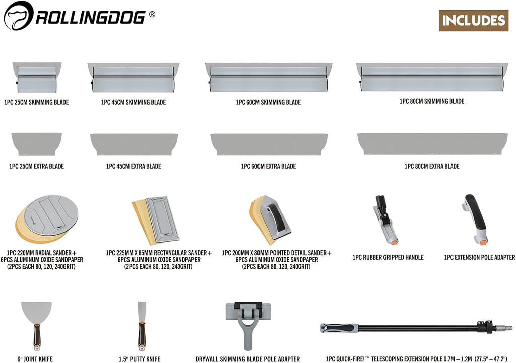 ROLLINGDOG Drywall Skimming Blade Set - 4pcs Skimming Blades With Extra blades,Taping Knife,Putty Knife,3pcs Hand Sander with Sandpapers And Extension Pole for Drywall Jobs