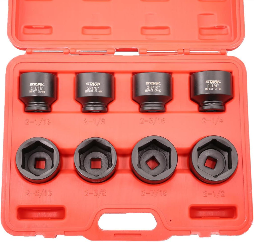 Stark USA 8-Pieces Jumbo Impact Stock Set Sizes 3/4' Drive Deep Socket Set SAE (2-1/16, 2-1/8, 2-3/16, 2-1/4, 2-5/16, 2-3/8, 2-7/16, 2-1/2 inch) Storage Case