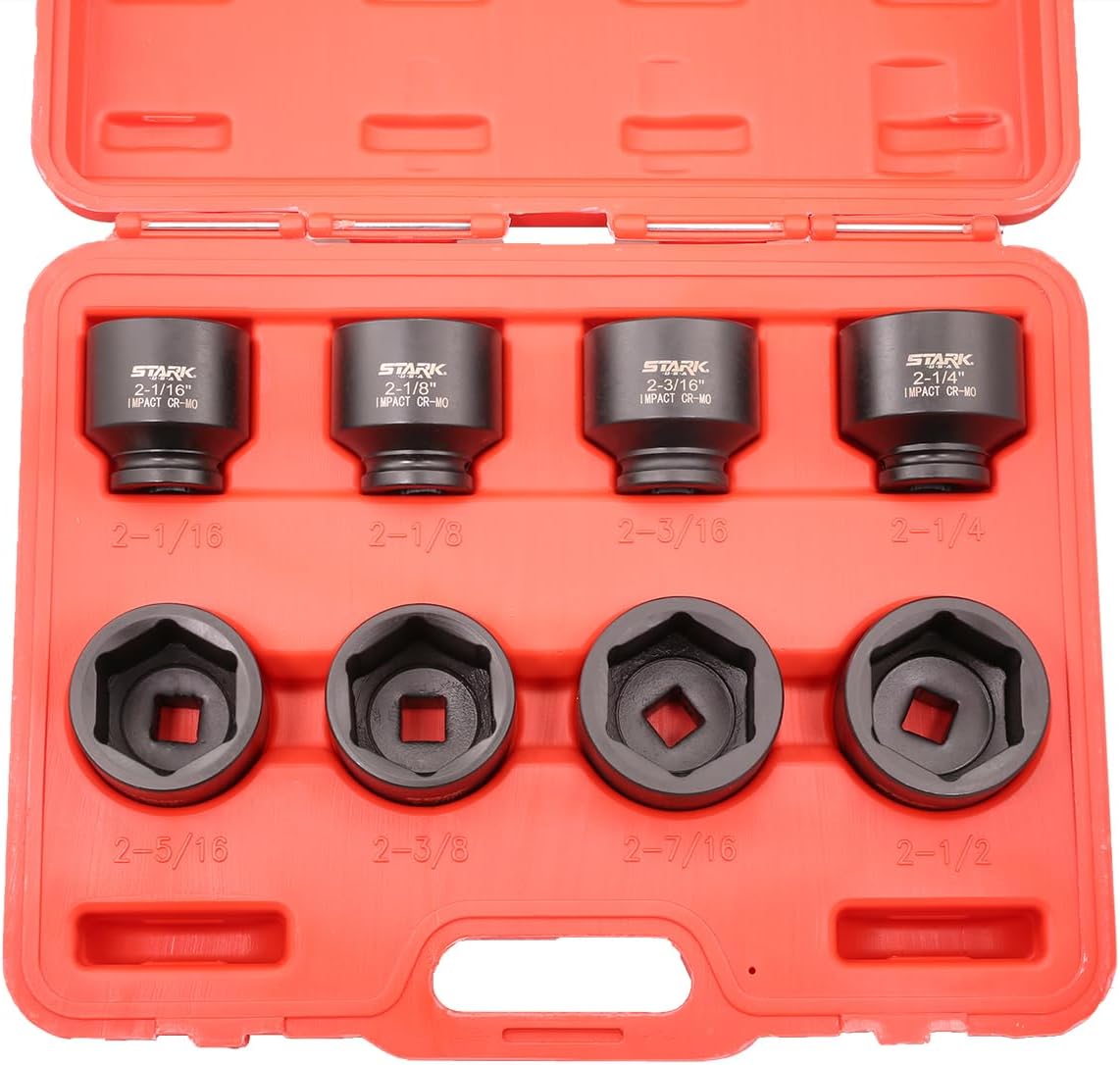 Stark USA 8-Pieces Jumbo Impact Stock Set Sizes 3/4' Drive Deep Socket Set SAE (2-1/16, 2-1/8, 2-3/16, 2-1/4, 2-5/16, 2-3/8, 2-7/16, 2-1/2 inch) Storage Case
