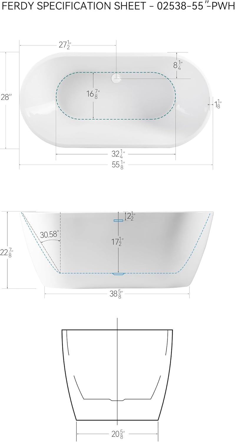 FerdY Bali 55' Freestanding Bathtub, Glossy White Freestanding soaking tub with Polished White Drain & Integrated Slotted Overflow, cUPC Certified