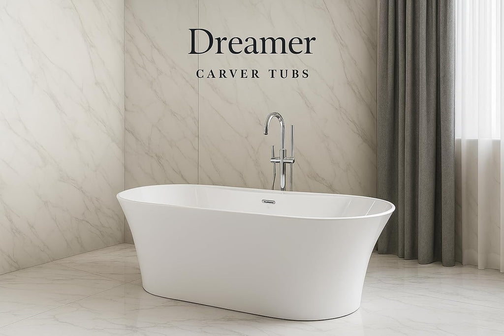 Carver Tubs - Dreamer 67' - Modern White Freestanding Soaking Bathtub- White Acrylic Fiberglass Tub W/chrome Center Drain - Two Person Oval Bath Tub - Deep Relaxing Soak - 67' L X 31' W X 23' H