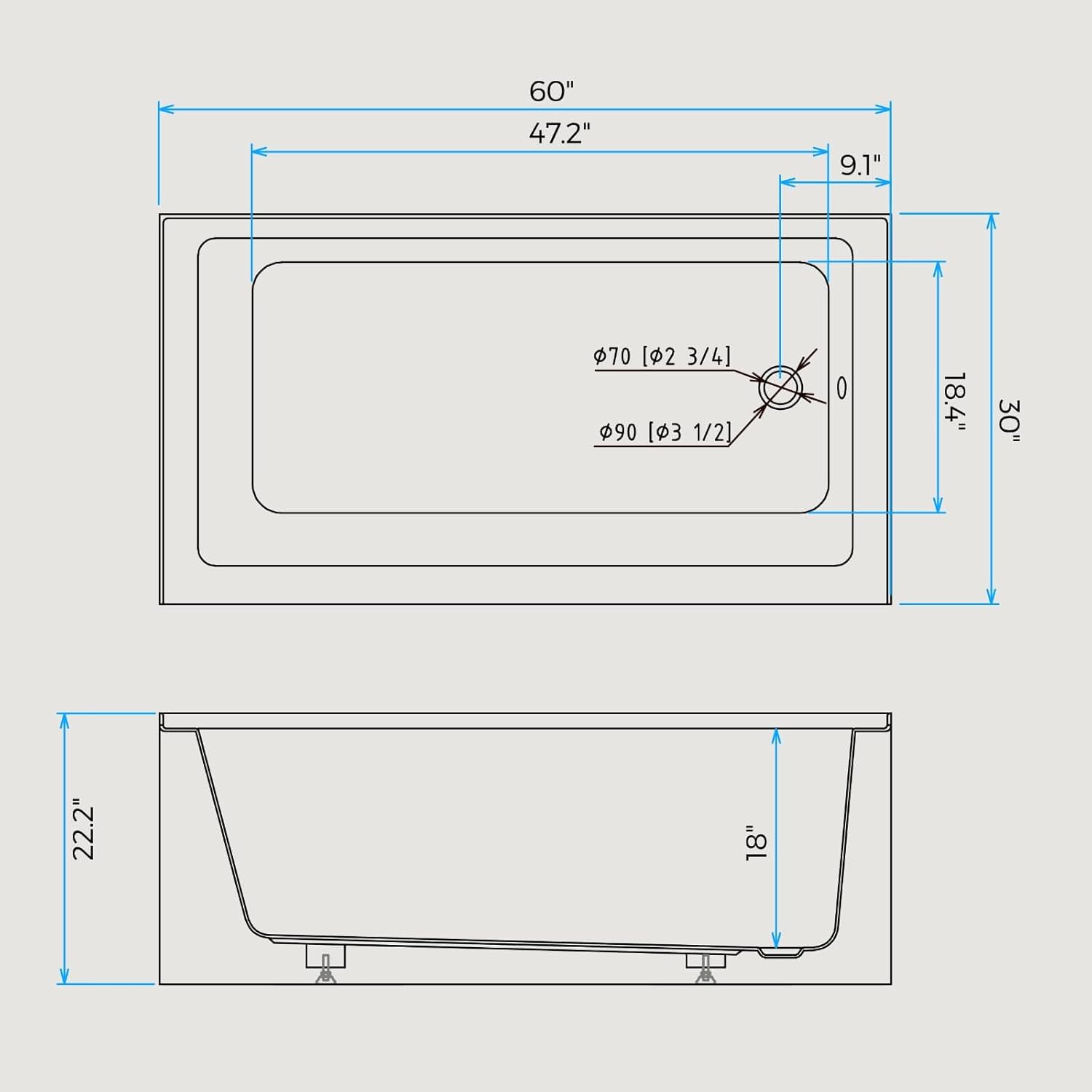 60'x30' Acrylic Alcove Soaking Tub with Integral Apron Front | Right-Side Drain & Brushed Nickel Pop-Up Drain | Glossy White Rectangular Bathtub