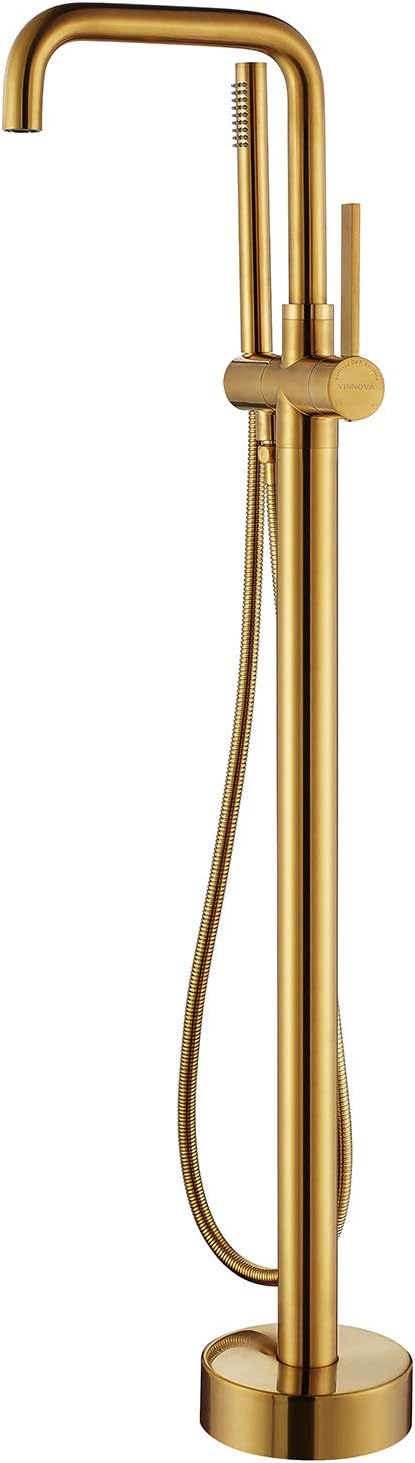 Vinnova Delara Freestanding Chrome Tub Faucet with Handheld Shower Bathroom Tub Filler, Floor Mounted, Brushed Gold Finish