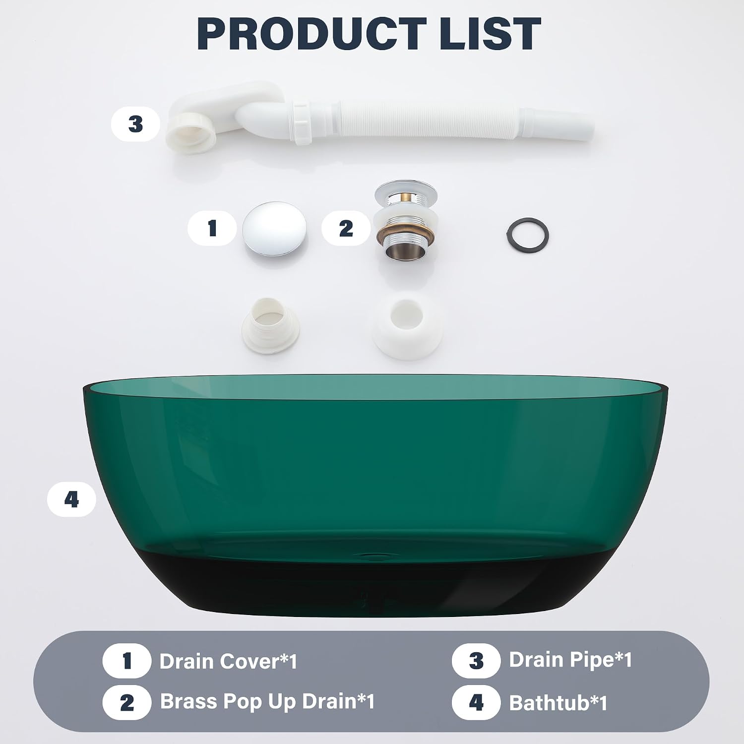 CASAINC 59' Soaking Tub Transparent Resin Freestanding Bathtub Modern Oval Design Stand Alone Tub with Pop-up Drain, 66.56 Gallons Water Storage Capacity 415 MM Soaking Depth, Transparent Sea Blue