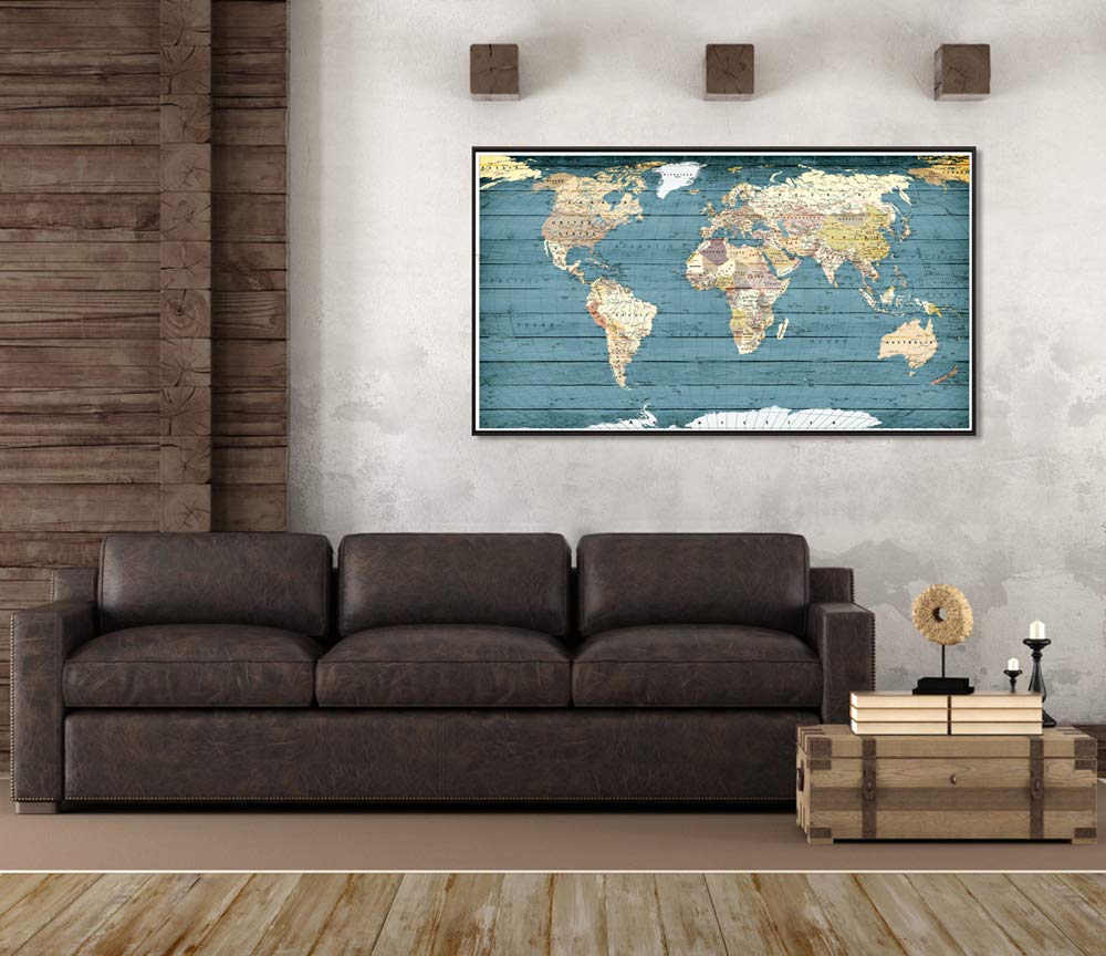 Welmeco XLarge Blue Rustic Wood Background Detailed World Map Canvas Prints with Black Frame Vintage Travel Map of The World Picture for Modern Home Office Living Room Decoration, 32x55inch Large Size