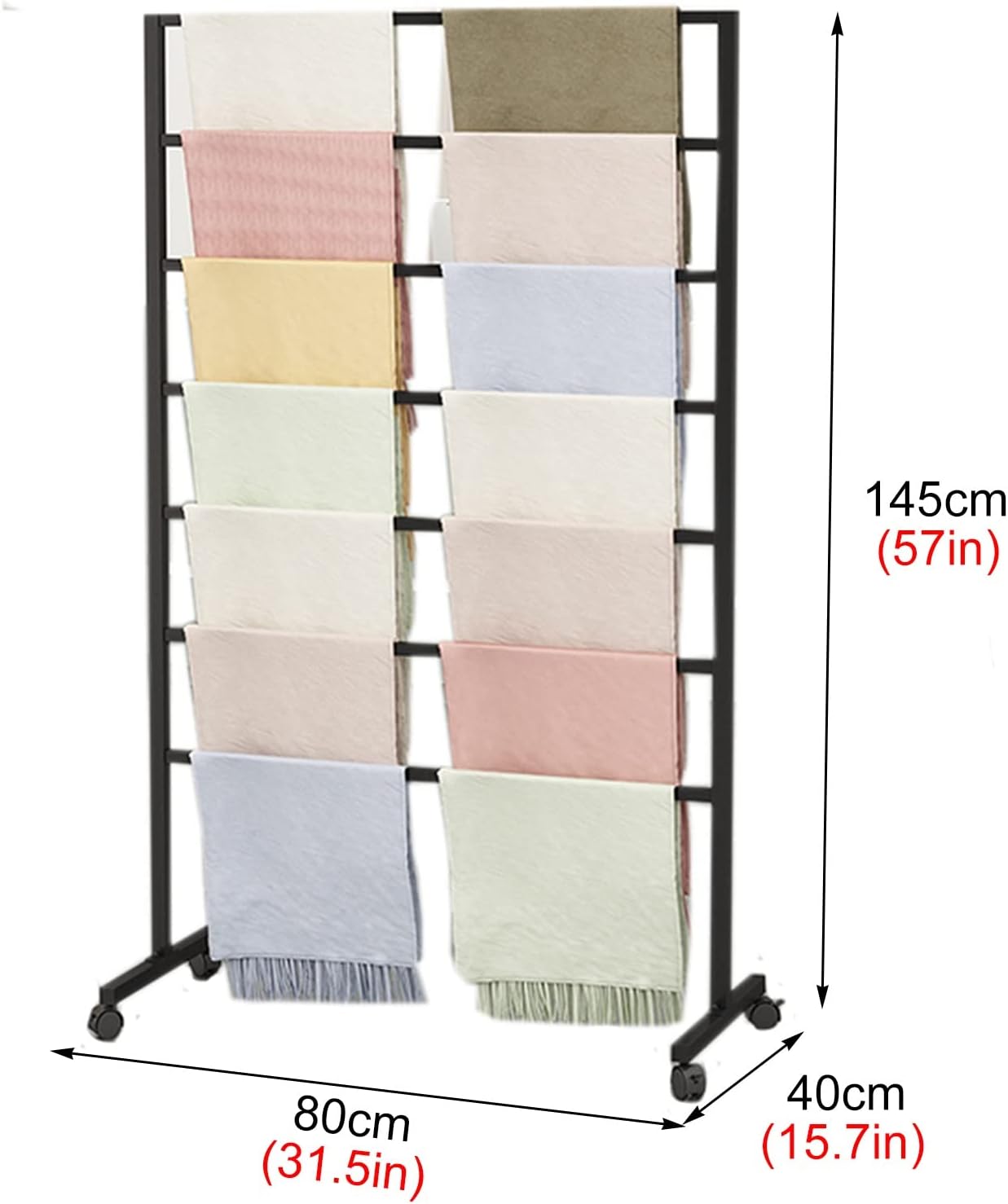 Upright Rolling Scarf Storage Organizers Rack on Wheels, 7 Tier Heavy Duty Commercial Multifunctional Display Stand Holder for Pants/Towel/Shawl (Black Length80cm)