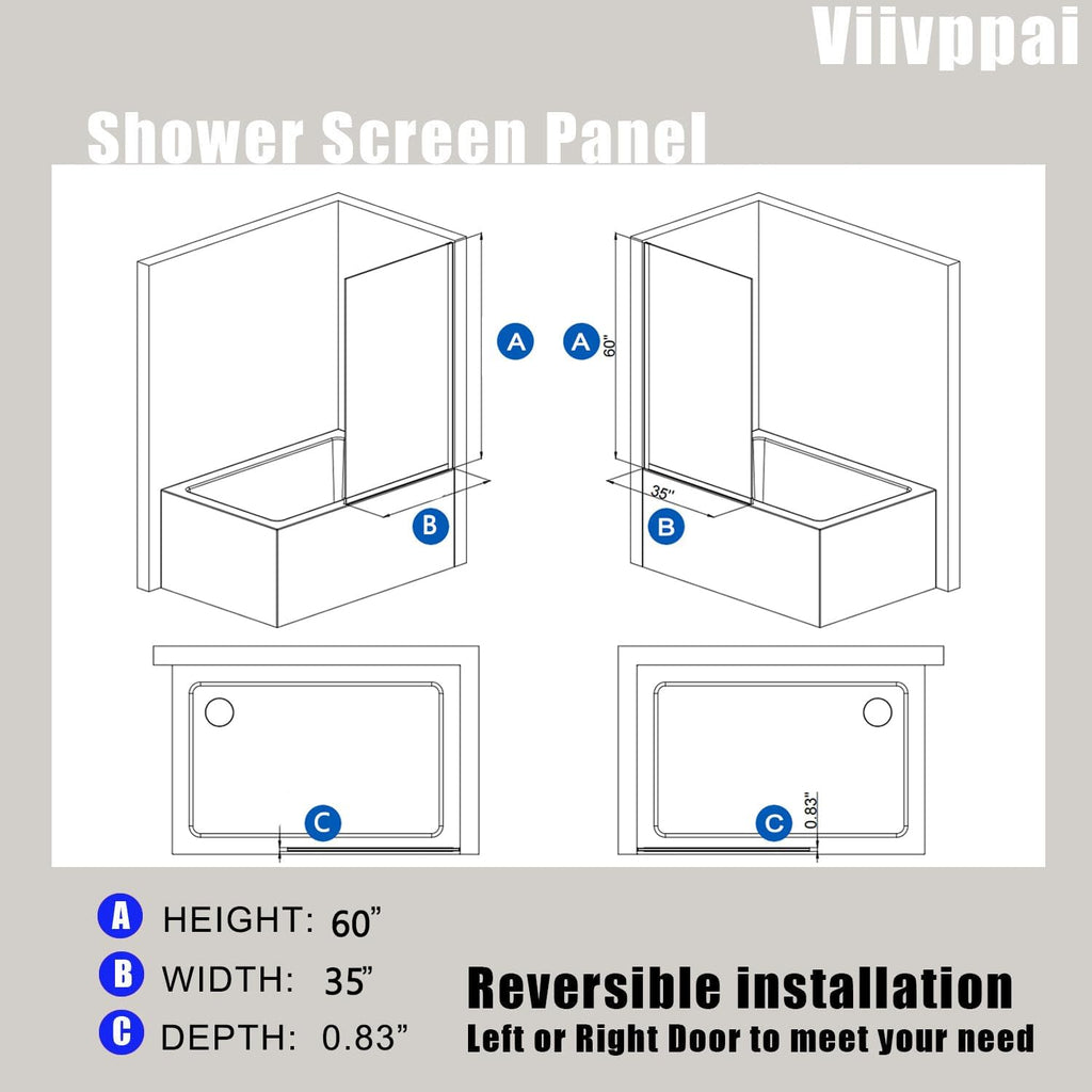 Shower Screen 35' x 60' Half Frameless Shower Bathtub Wall Panel, Tempered Glass 3/8 inch, Easy to clean Coating, Fixed Glass Shower Door with Hardware (Matte Black)