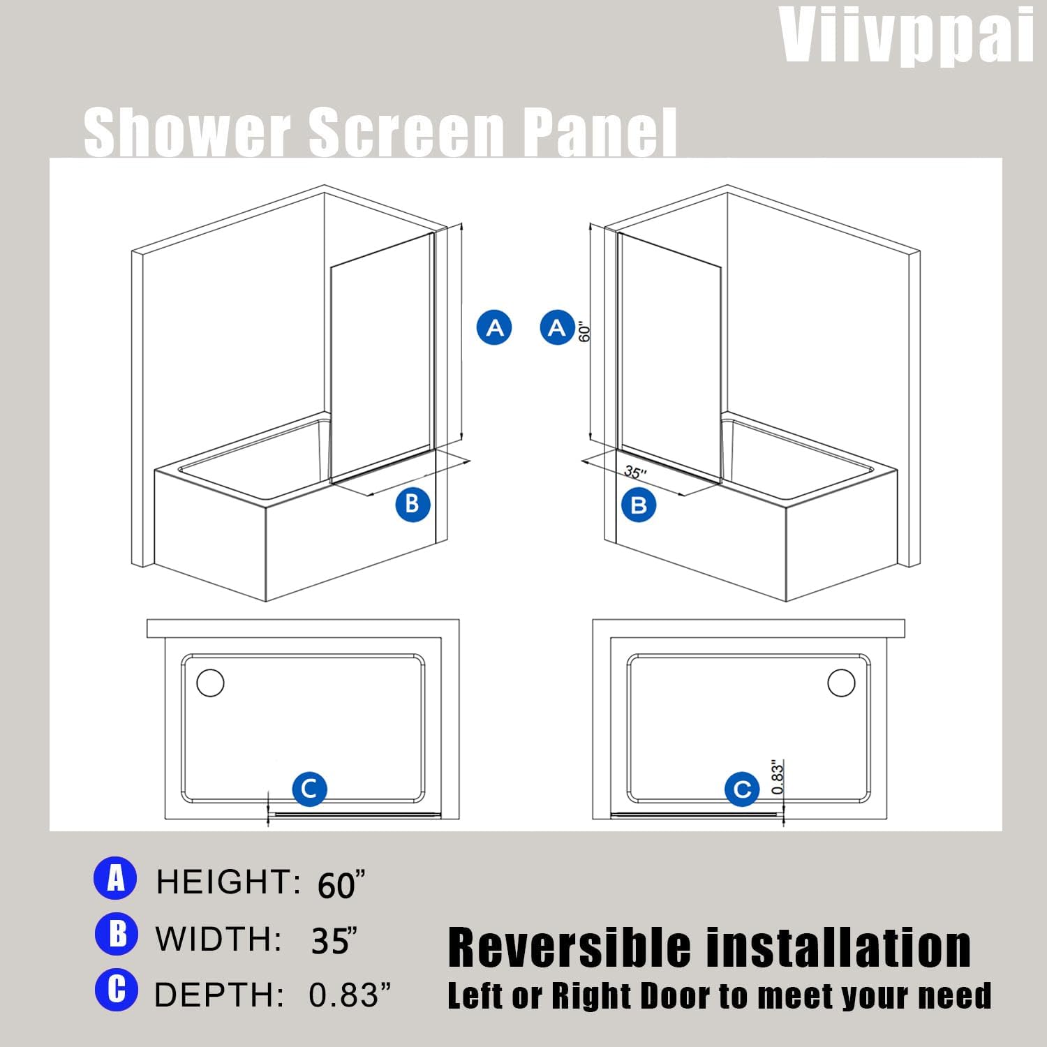 Shower Screen 35' x 60' Half Frameless Shower Bathtub Wall Panel, Tempered Glass 3/8 inch, Easy to clean Coating, Fixed Glass Shower Door with Hardware (Matte Black)