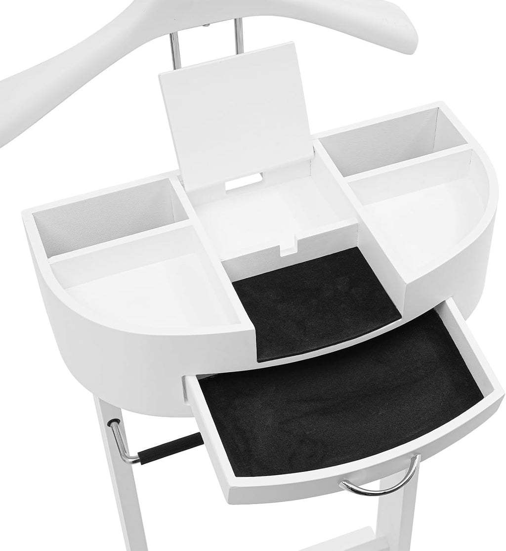 Suit Valet Stand White, Freestanding Clothes Rack with Velvet-Lined Drawer & Compartments, 66lbs Capacity, for Bedroom Hotel Entryway